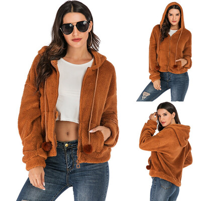 

Toponeto Women Fashion Solid Faux Plush Ball Jacket Hooded Plush Zipper Loose Pocket Coat