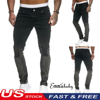 

Mens Stretch Ripped Skinny Jeans Distressed Frayed Slim Fit Biker Pants Trousers