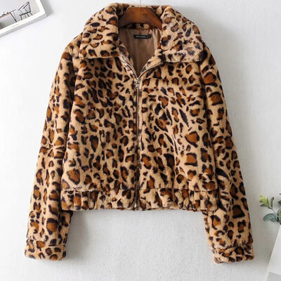 

Roseonmyhand Womens Long Sleeve Leopard Printed Coat Zipper Turn Down Collar Plush Jacket