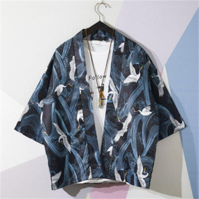 

Mens Kimono Cardigan Retro Style Albow-Length Sleeve Open Stitch Shirt