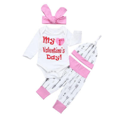 

4PCS Fashion Newborn Baby Girls Cotton Romper Long Sleeve Bodysuit Pants Hat Headband Outfits Clothes