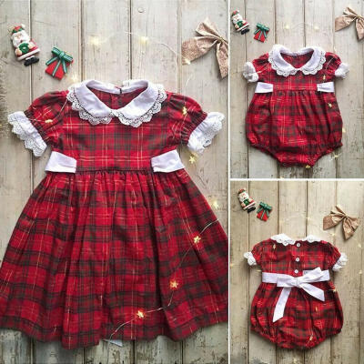 

Sisters Matching Clothes Christmas Baby Girl Lace Short Sleeve Peter Pan Collar Bodysuits Kids Girls Red Dress