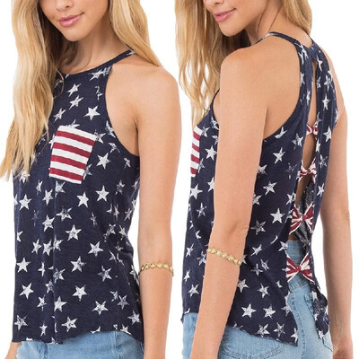 

New Women Casual Vest American Flag Start Stripe Print Spaghetti Strap Bow-knot Hollow Out Pullover Dark Blue