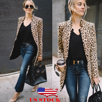 

Women Leopard Jacket Top Warm Casual Winter Cardigan Long Sleeve Coat