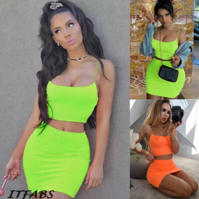 

Womens Tank Crop Tops Skirt Outfits Two Piece Bodycon Bandage party Mini Dress