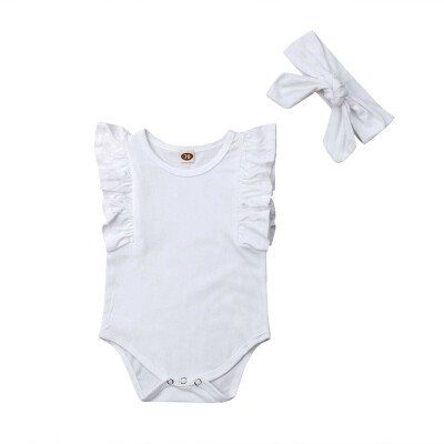 

2019 New Summer Newborn Girls Rompers Set Flare Sleeve Solid Print Bodysuit Jumpsuit With Headband