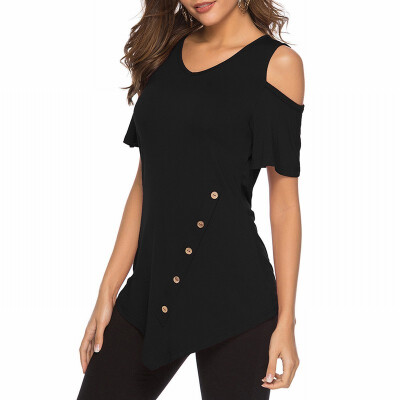 

Solid color bottoming shirt womens V-neck short-sleeved button top