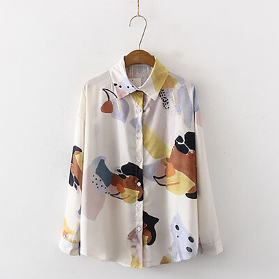 

Fashion Autumn 2019 Womens Blouse Retro Ladies Button Down Long Sleeve Turn-down Collar Blouse Loose Casual Printed Blouse
