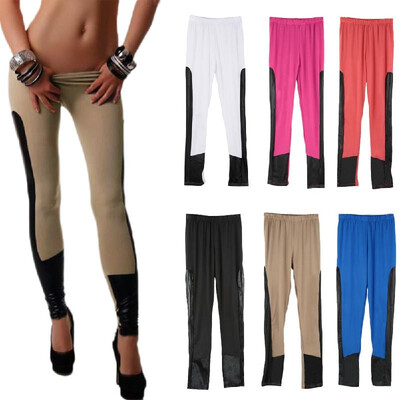 

Fashion Women Leggings Faux Leather Patchwork Elastic Waist Stretchy Yoga Pants