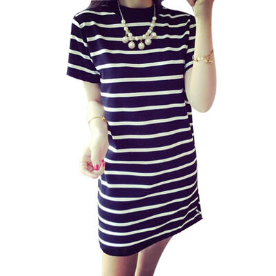 

Korean Female Stripe Print Dress Women O-neck Short Sleeve Loose Dresses