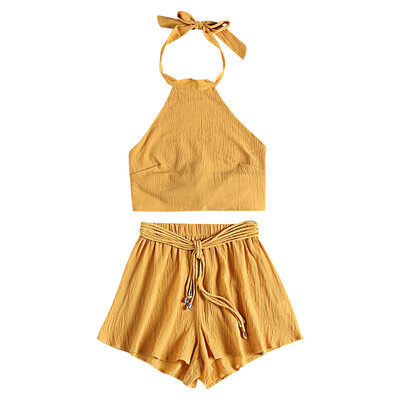 

Halter Neck Backless Tied Strap Crop Top Solid Color High Waist Shorts Women Two-piece Suit
