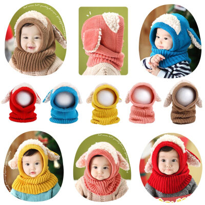 

Cute Winter Kids Girls Boys Kintted Hat Ear Puppy Caps Unisex Toddlers Babies Scarf Coif Hood One-Piece Warm Children Gifts