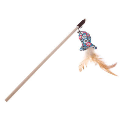 

Handmade Wooden Floral Cat Teaser Wand Rod Bell Sound Interactive Stick Toy