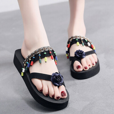 

Rose Womens Mid-Heel Sandals Ethnic Style Retro Beach Slope Anti-Skid Flip Flops