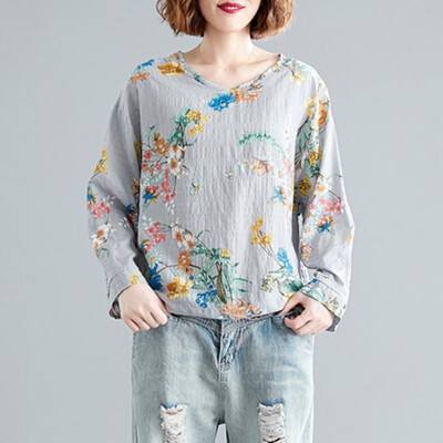

Women Vintage Loose Blouse Printed Long Sleeves Drawstring Oversized Plus Size Cotton Linen Spring Autumn Casual Tops