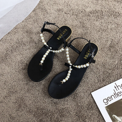 

Sandals Fairy Wind Summer High-heeled Womens Shoes Pearl Water Drill Heavy-heeled Herringbone Pinch