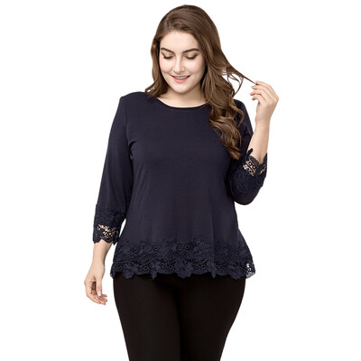 

Round Collar 34 Sleeve Lace Crochet Spliced Mesh Zipper Bowknot Plus Size Women T-shirt