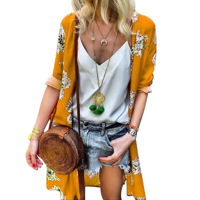 

2019 Fashion Women Long Sleeve Floral Printed Chiffon Cardigans Loose Kimonos Cardigans Summer Tops Blouse
