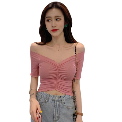 

Womens Ruched V Neck Solid Short Sleeve Knitted Sexy Slim Crop Top T-Shirt