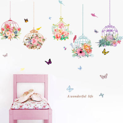 

Gobestart Birdcage Butterfly Flowers Background Wall Decoration Removable Wall Stickers