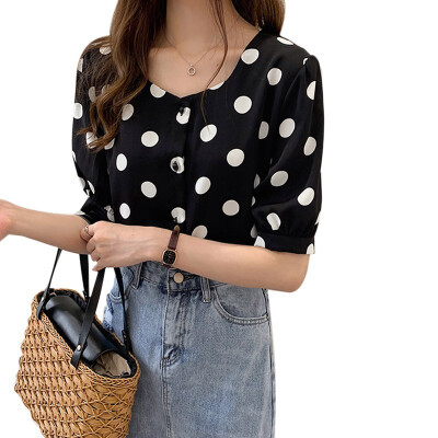 

Women Button Up Chiffon Basic Blouse Simple Loose Dot Print Shirt Square Collar Short Sleeve Blouse