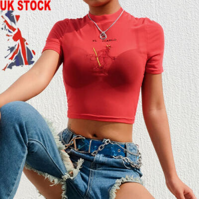 

Sexy Women Red Devil Pattern Transparent Mesh Sheer Crop Top T-Shirt Blouse Tee