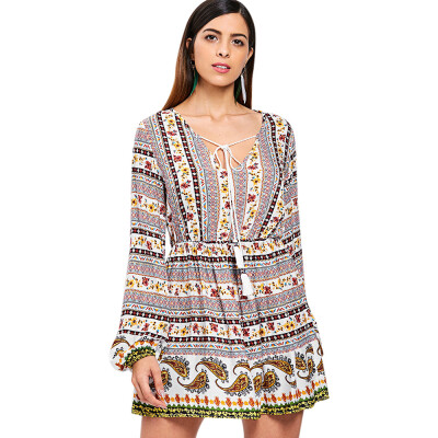 

Tie Collar High Waist Bohemian Dress