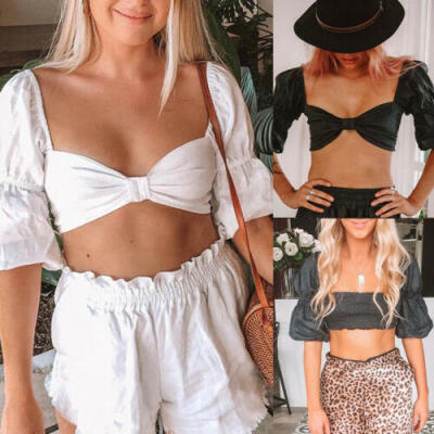 

Women Solid Square Neck Tank Top Puff Sleeve Blouse Vest T-Shirt Crop Cami Tops