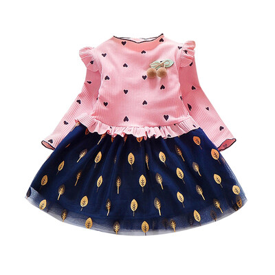 

Summer Casual Baby Girls Long Sleeve Heart Leaves Pattern Patchwork Dress Kids Toddler Princess Sundress