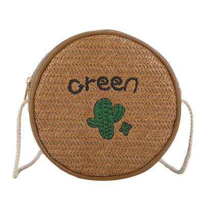 

Women Round Shoulder Bags Cactus Decor Handmade Woven Beach Mini Straw Bag