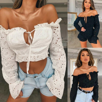 

Women&39s Sexy Long Sleeve Strapless Tube Tops V-Neck Off Shoulder Ruffled Crop Top Bandage Tank Blouse BlackWhite