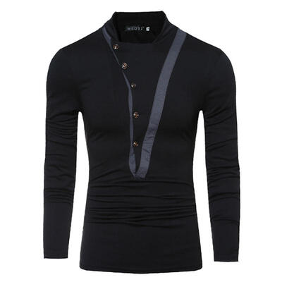 

Spring Autumn Fashion Oblique Buttons Stitching Color Long Sleeve Mens T-Shirt Base Shirt Top Tee