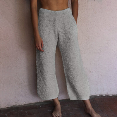 

Womens Elastic High Waist Crop Trouser Winter Warm Loose Wide Leg Bottoms Pants