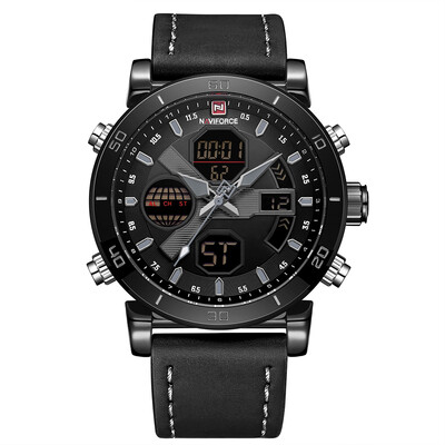 

NAVIFORCE Men Quartz Fashion Casual Sports Wristwatch Dual Time Analog Digital Display Watch 3ATM Water Resistant Leather Strap Ba