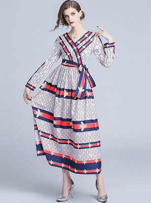 

M L XL XXL 3XL vintage cotton new autumn 2018 long dress women long sleeve V neck digital striped print belt ankle length