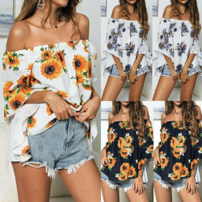 

Fashion Women Ladies Floral Print Off Shoulder Casual Loose T Shirt Tops Blouse