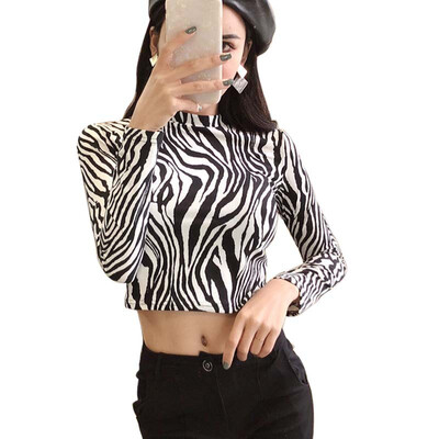 

High Street Office Lady High Neck Leopard Print Fitted Pullovers Women Autumn Casual Long Sleeve Crop Tops Female T Shirt