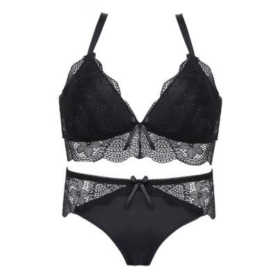 

Sexy Bra Set Women Solid Color Wire Free Lingerie Set 34 Cup Gathered Bra Hollow Out Briefs Underwear Set
