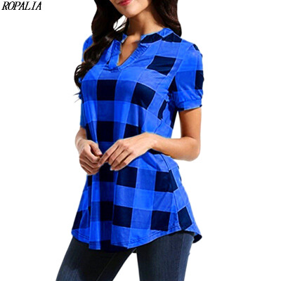 

Womens V-Neck Plaid Print Short Sleeve Loose T-Shirt Color Block European&American Style Casual Polyester T-Shirts