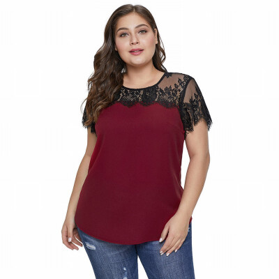 

Round neck short-sleeved lace printed shirt womens Plus Size T-shirt