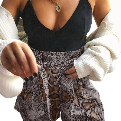 

Sexy Women Leopard Snakeskin Print Shorts Elastic High Waist Sashes Fashion Loose Wide Leg Short Pants