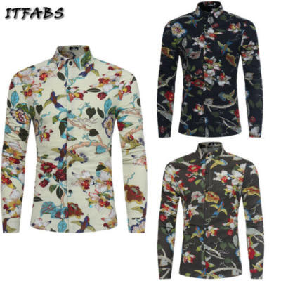 

US Mens Fashion Floral Print Button Down Long Sleeve Casual Shirt Slim Fit Top