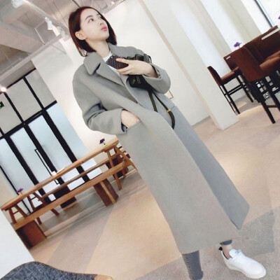 

Women Coat Autumn Winter Korean Version Slim Long Coat Solid Full Sleeve Turn-Down Collar Pocket Female Cardigan Outwear