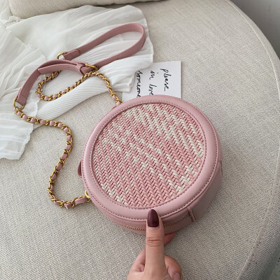 

Summer contrast bag ins personality woven womens bag new 2019 fashion fresh shoulder slung small round bag