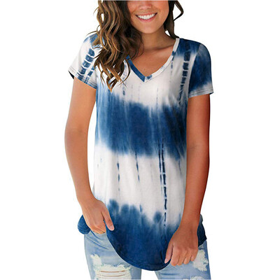 

Nomeni Womens Summer Tie-dyed Print V Neck Summer Casual Short Sleeve T Shirts Tops