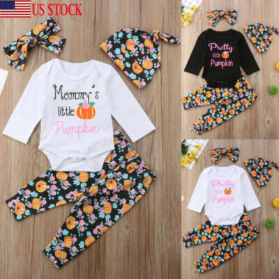 

USA 4Pcs Newborn Baby Boy Girl Romper Tops Long Pants Hat Outfits Clothes 0-24M