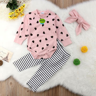 

Love Heart Pink Baby Girls Long Sleeve Romper Bodysuit Stripe Pant Headaband Casual Cotton Outfits Clothes