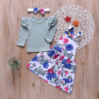 

Newborn Baby Girs Long Sleeve ShirtsFloral Pocket DressHeadband Kids Outftits