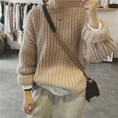 

Retro Autumn Winter Knitted Sweater For Women Loose Long Sleeve Solid Color Long Sweater Pullovers