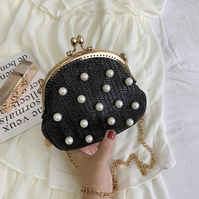 

Tailored Women Retro Pearl Hand-Woven Straw Bag Summer Travel Handle Bag Shoulder Bags